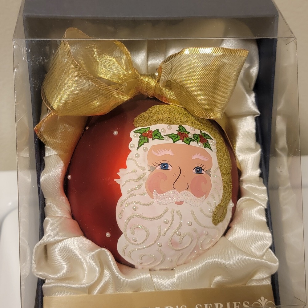 Vintage‎ Jumbo Beaded Glass Glitter Santa Ornament Boxed 725519